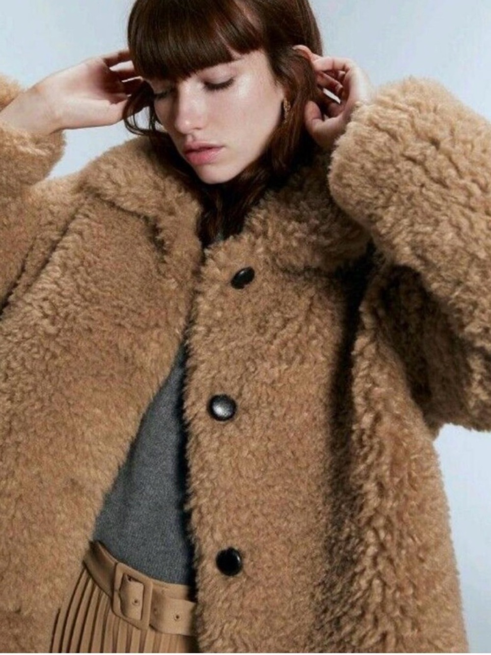 Zara Tan Teddy Jacket with Black Buttons